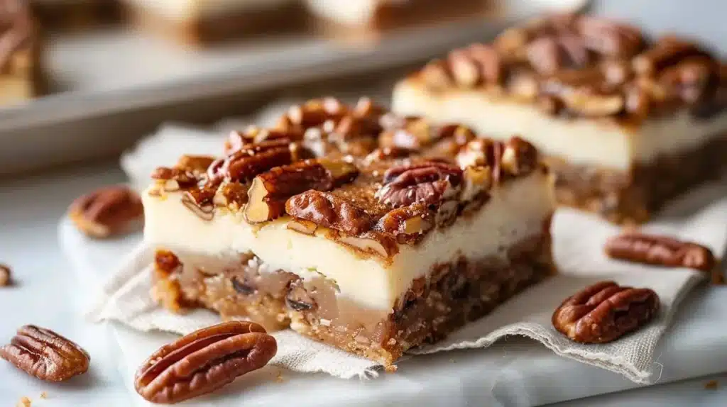 Pecan Pie Cheesecake Bars with a rich pecan topping and creamy filling