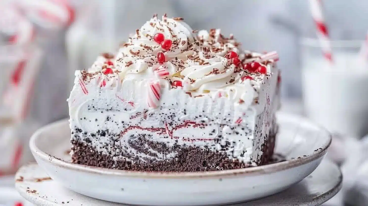 Delicious peppermint poke cake topped with whipped cream and candy canes.