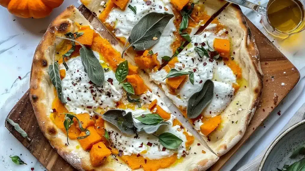 Delicious Pumpkin Burrata Flatbread topped with creamy burrata and seasonal spices