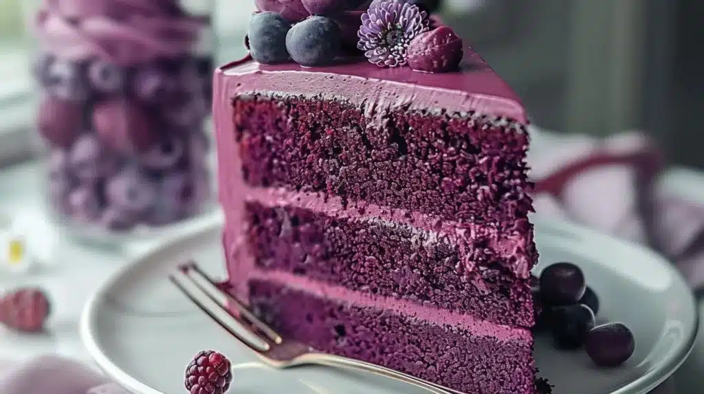 Slice of rich Purple Velvet Cake with cream cheese frosting and decorative purple sprinkles