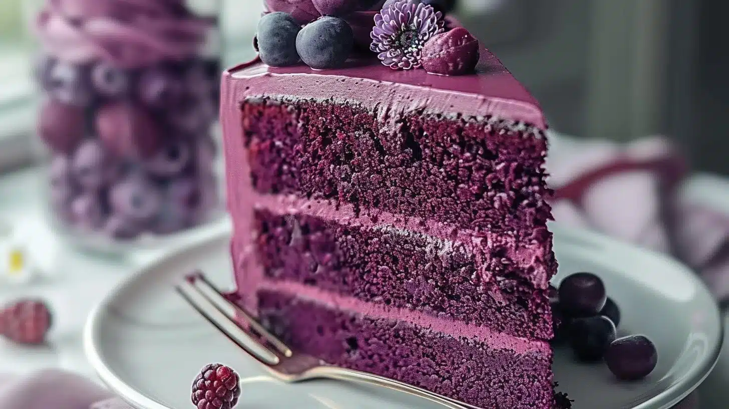 Slice of rich Purple Velvet Cake with cream cheese frosting and decorative purple sprinkles