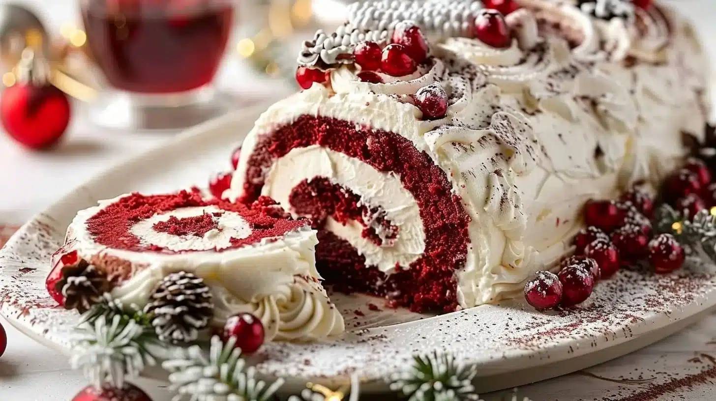 Delicious Red Velvet Yule Log cake decorated for holiday festivities