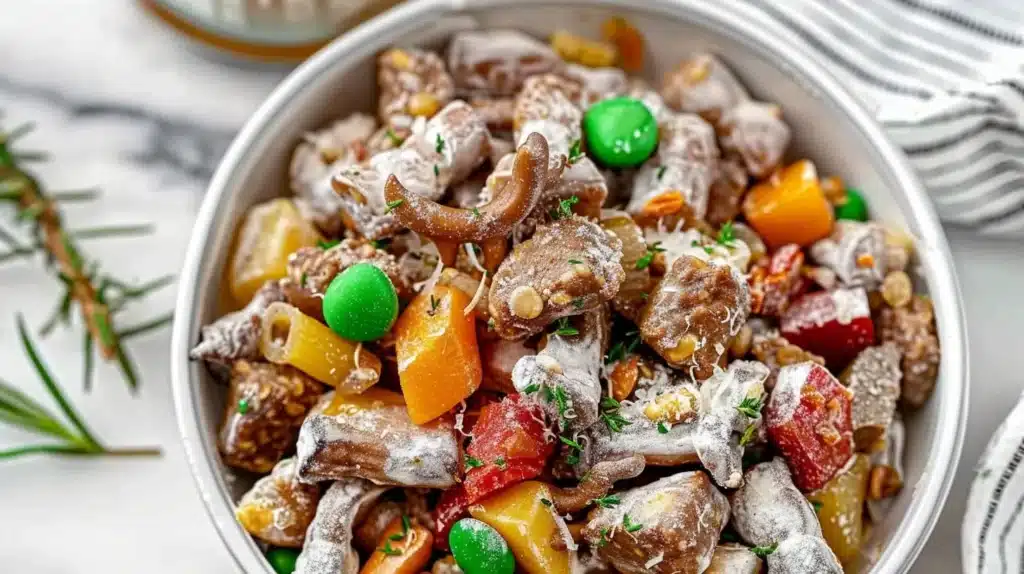 A bowl of colorful Reindeer Chow snack mix perfect for holiday festivities.