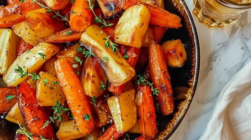 Delicious roasted carrot and parsnip tagine served in a colorful bowl