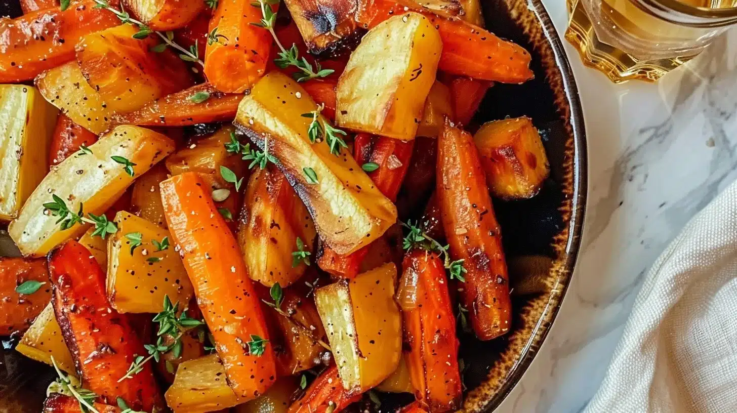 Delicious roasted carrot and parsnip tagine served in a colorful bowl