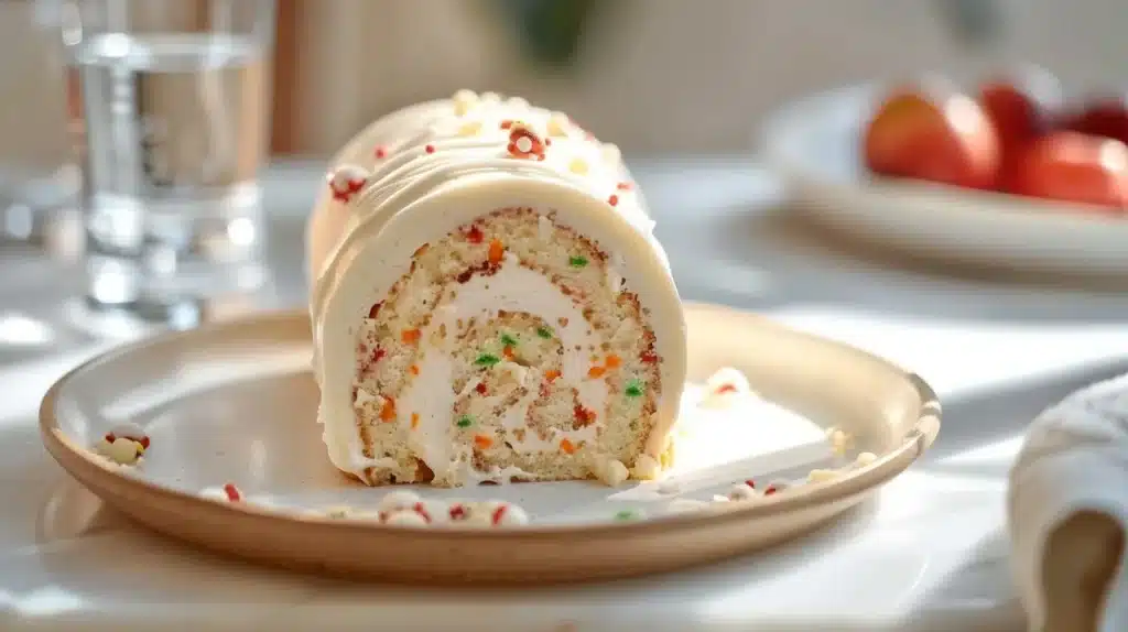 Delicious roll style cake with cream filling and vibrant icing decoration.