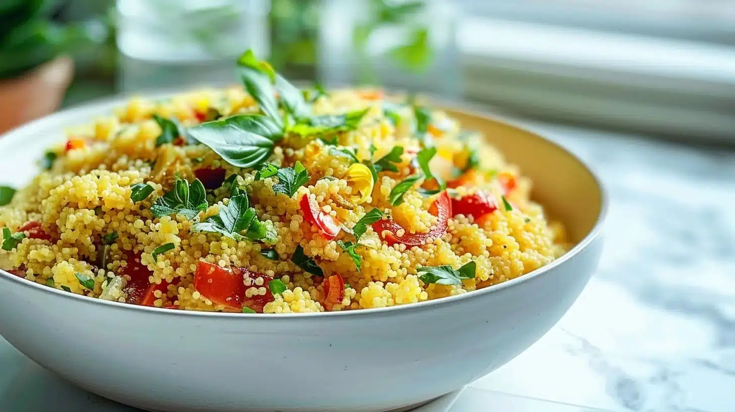 Saffron couscous topped with vibrant roasted peppers on a plate