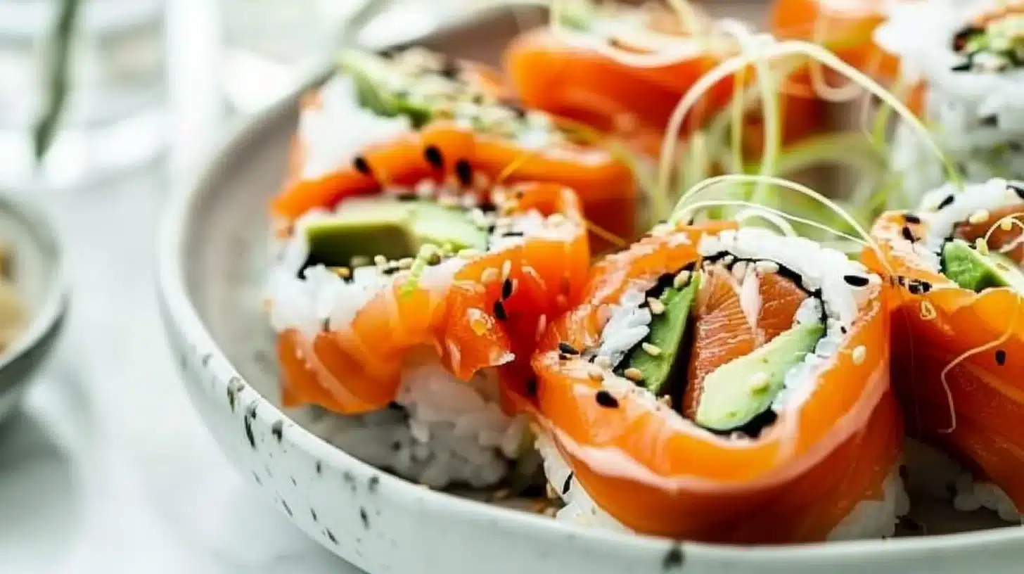 Fresh Salmon Avocado Roll sushi with vibrant colors and delightful ingredients.