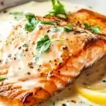A delicious salmon fillet served with lemon cream sauce on a white plate.