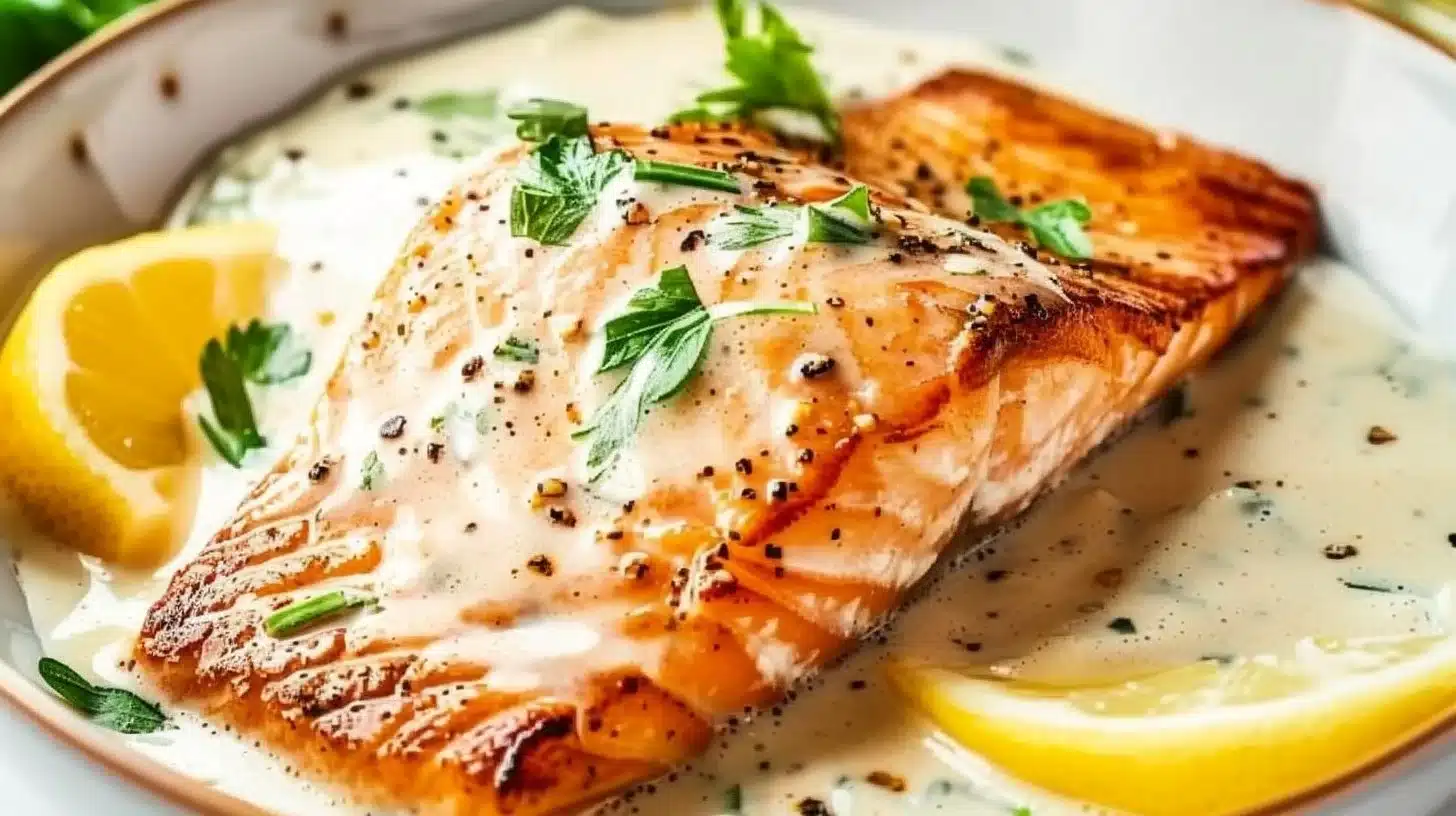 A delicious salmon fillet served with lemon cream sauce on a white plate.