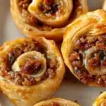 Plate of homemade sausage pinwheels ready to be served