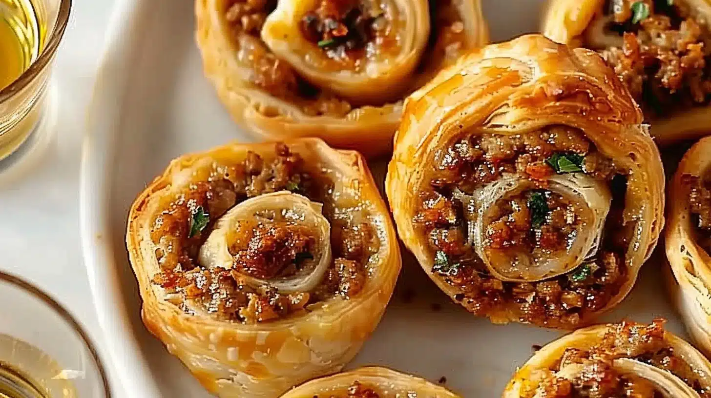 Plate of homemade sausage pinwheels ready to be served