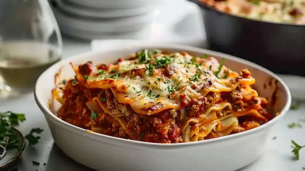 Slow cooker beef and cabbage lasagna casserole topped with cheese