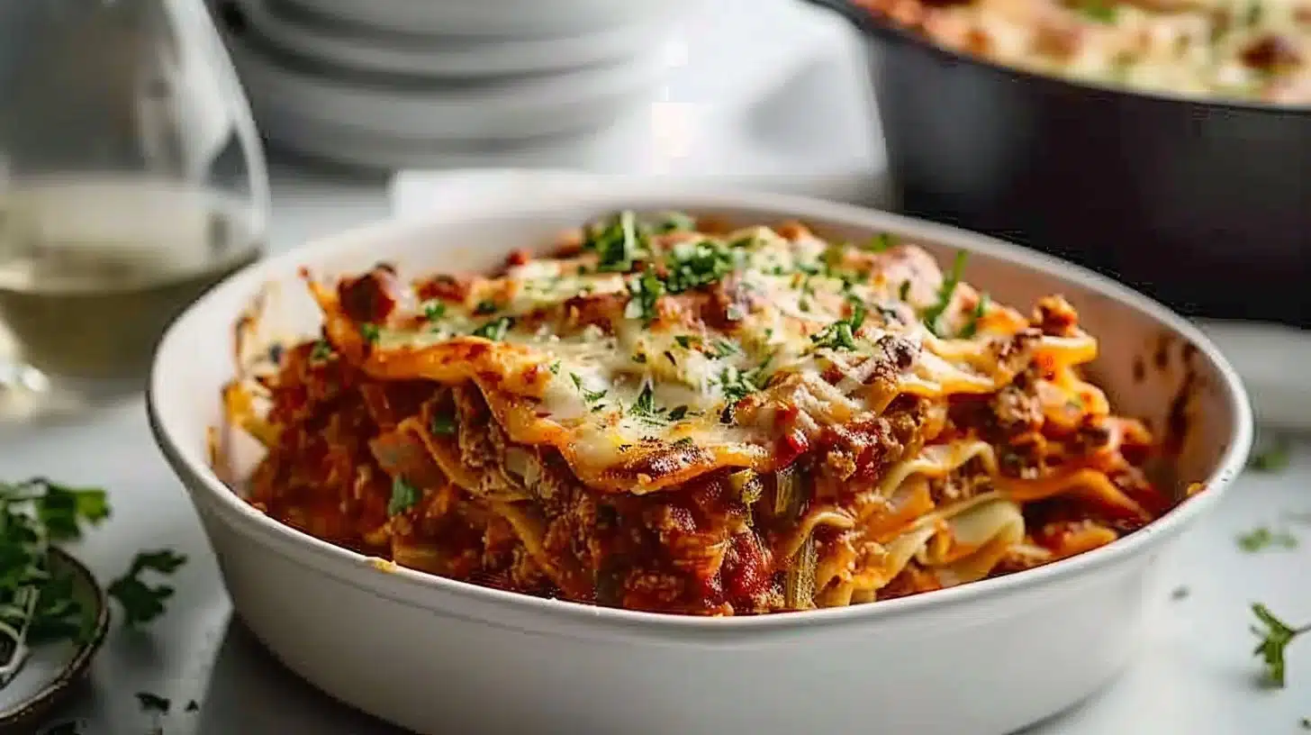 Slow cooker beef and cabbage lasagna casserole topped with cheese