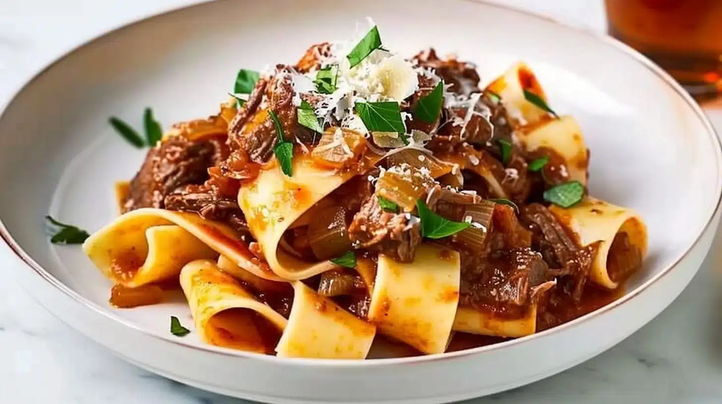 Delicious slow cooker beef ragu served with pappardelle pasta