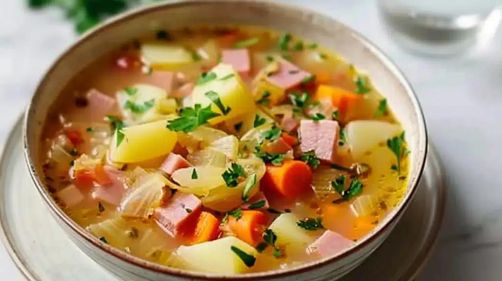 Bowl of slow cooker cabbage potato and ham soup garnished with herbs.