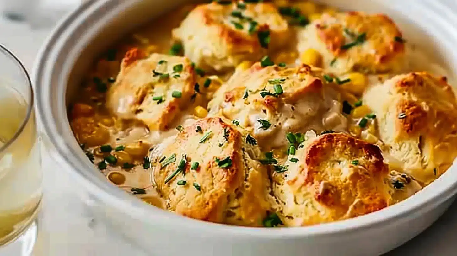 Slow Cooker Cheesy Chicken & Biscuit Casserole served in a bowl with herbs.