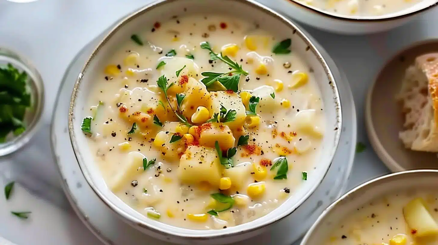Bowl of slow cooker creamy potato corn chowder topped with fresh herbs