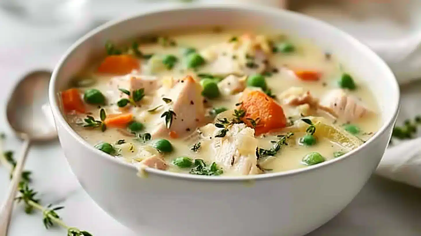 Bowl of Slow Cooker Creamy Turkey Pot Pie Soup garnished with herbs