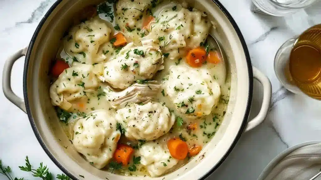 Slow Cooker Garlic Herb Chicken with fluffy dumplings in a bowl