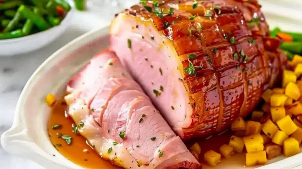 Delicious slow cooker ham cooked to perfection, served on a platter.
