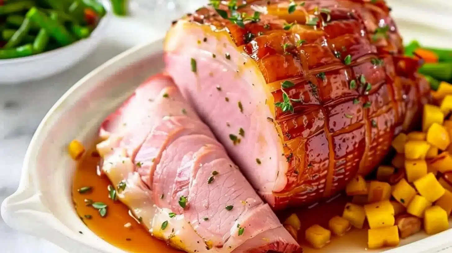 Delicious slow cooker ham cooked to perfection, served on a platter.