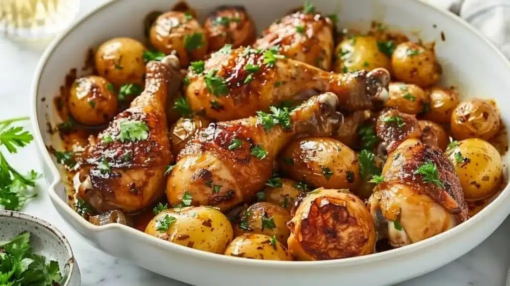 Slow cooker honey garlic chicken drumsticks served with potatoes
