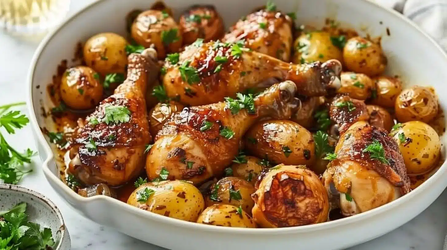 Slow cooker honey garlic chicken drumsticks served with potatoes