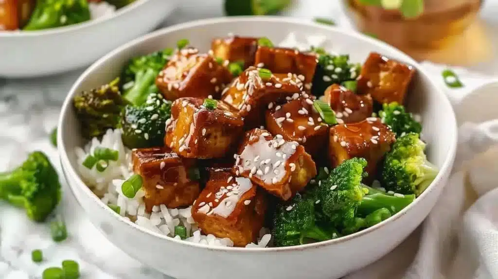 Slow Cooker Honey Garlic Tofu and Broccoli Bowl served in a white dish