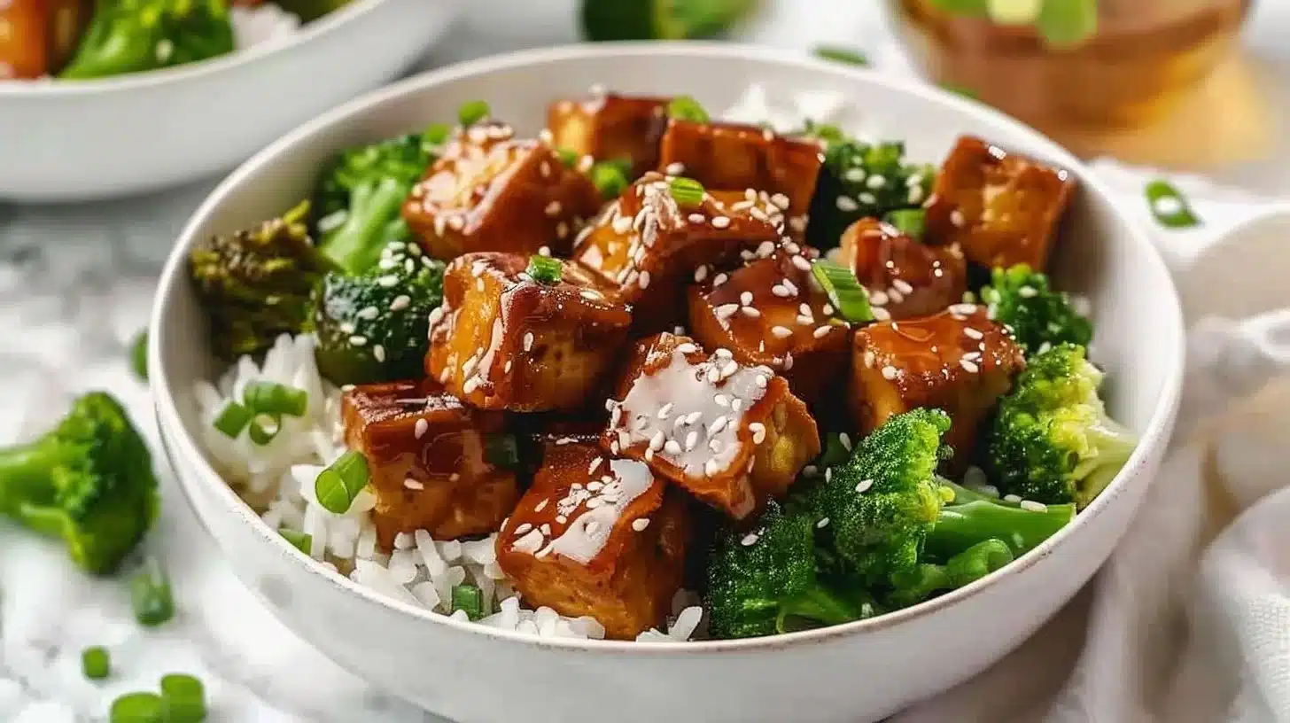 Slow Cooker Honey Garlic Tofu and Broccoli Bowl served in a white dish