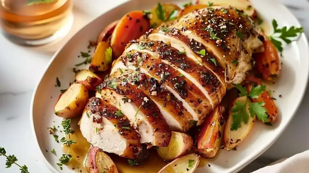 Slow cooker honey garlic turkey breast with colorful root vegetables served on a plate.