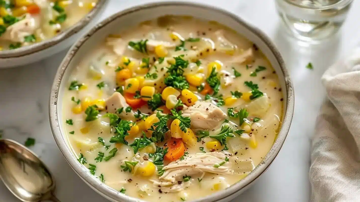 Bowl of Slow Cooker Light Chicken Corn Chowder topped with fresh herbs.