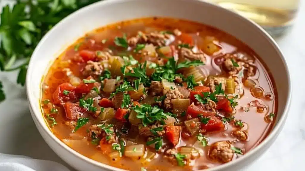 Bowl of slow cooker unstuffed cabbage roll soup with fresh herbs