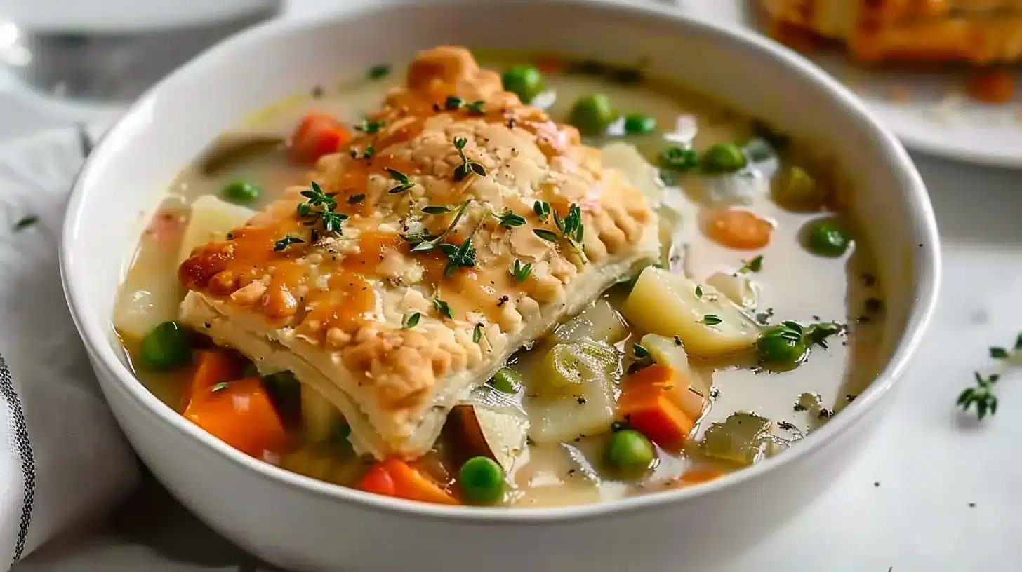 Delicious slow cooker vegetable pot pie stew with fresh vegetables.