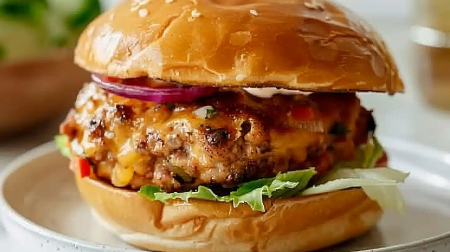 Delicious smash chicken burger with toppings and sauces