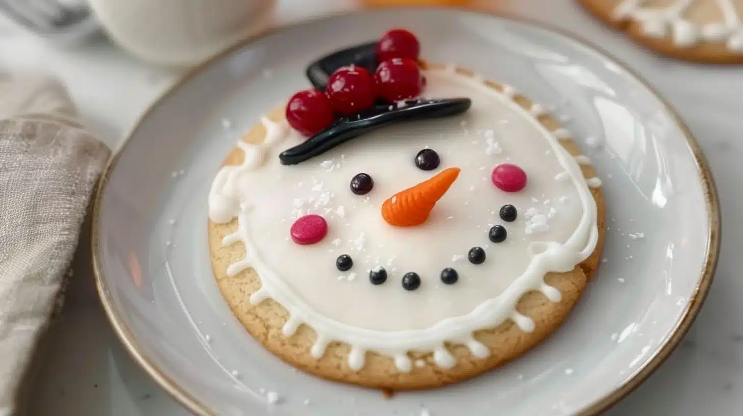 Deliciously decorated snowman sugar cookies on a festive platter.