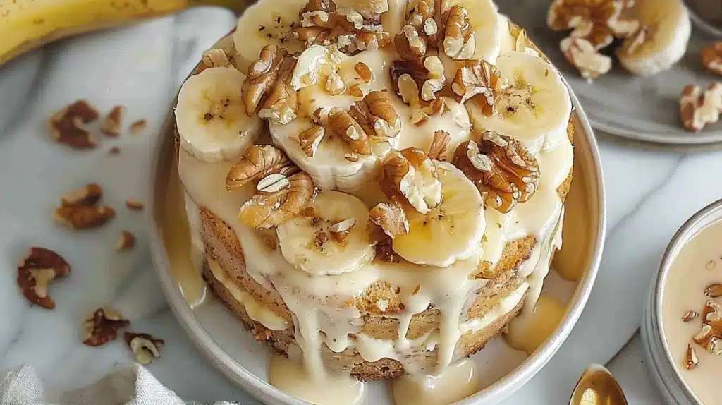 Soft banana cake with custard and walnuts on a decorative plate