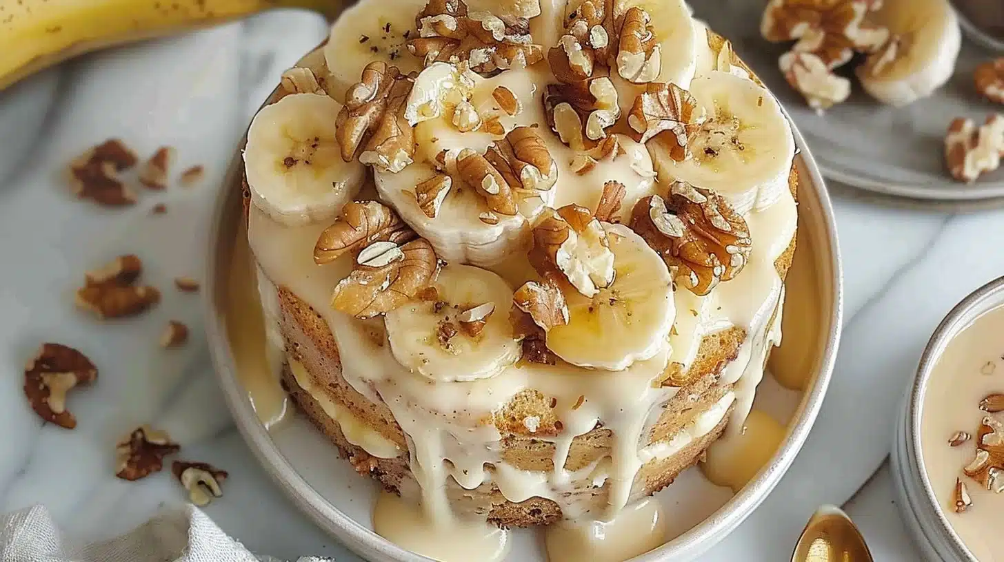 Soft banana cake with custard and walnuts on a decorative plate