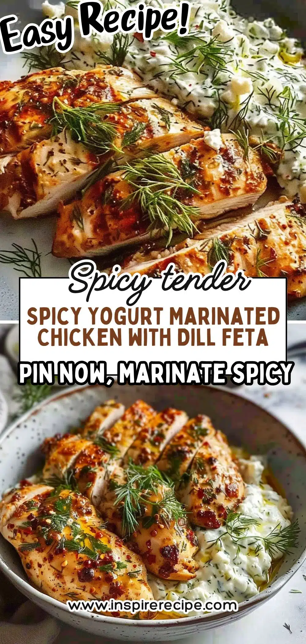 Spicy yogurt marinated chicken garnished with dill feta on a plate.