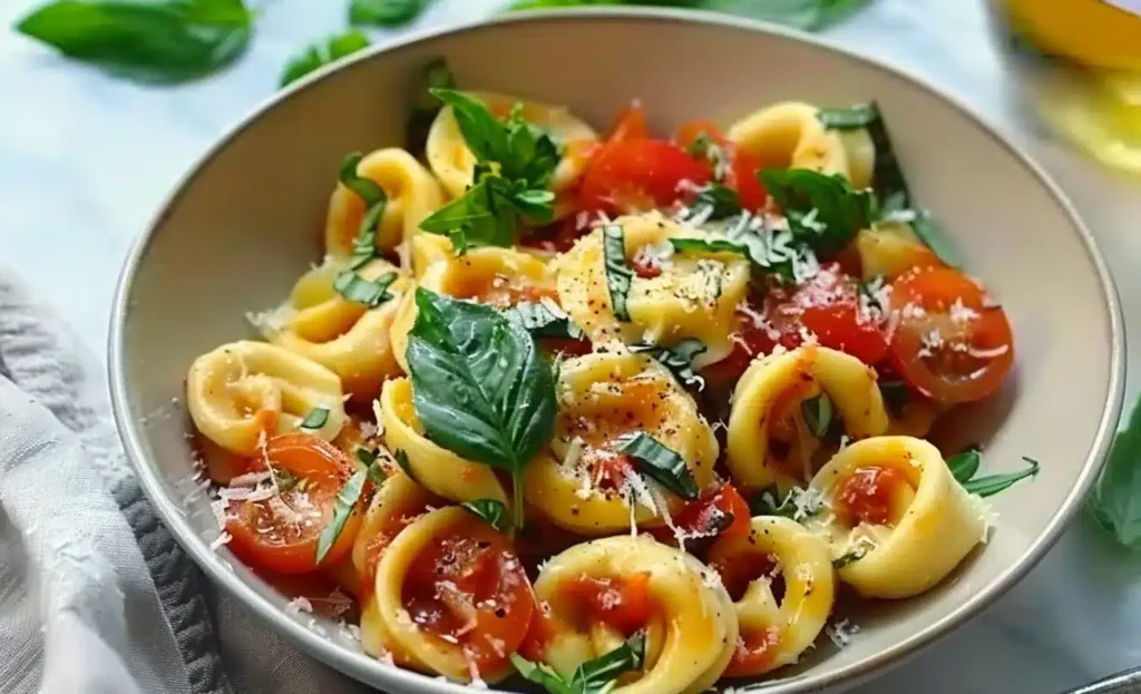 Delicious spring tortellini dish with fresh vegetables and herbs