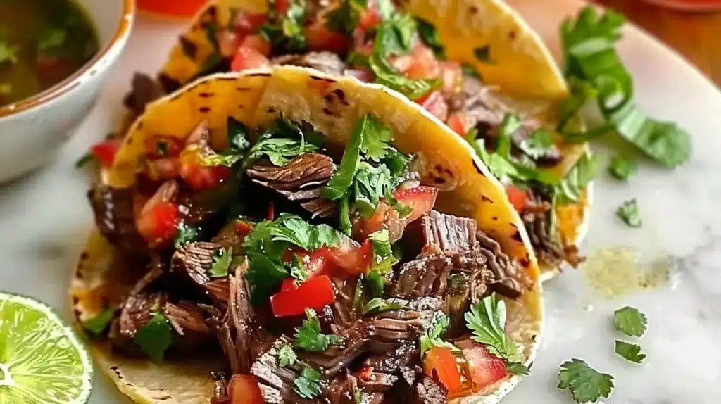 Delicious steak tacos topped with fresh ingredients and served on a plate