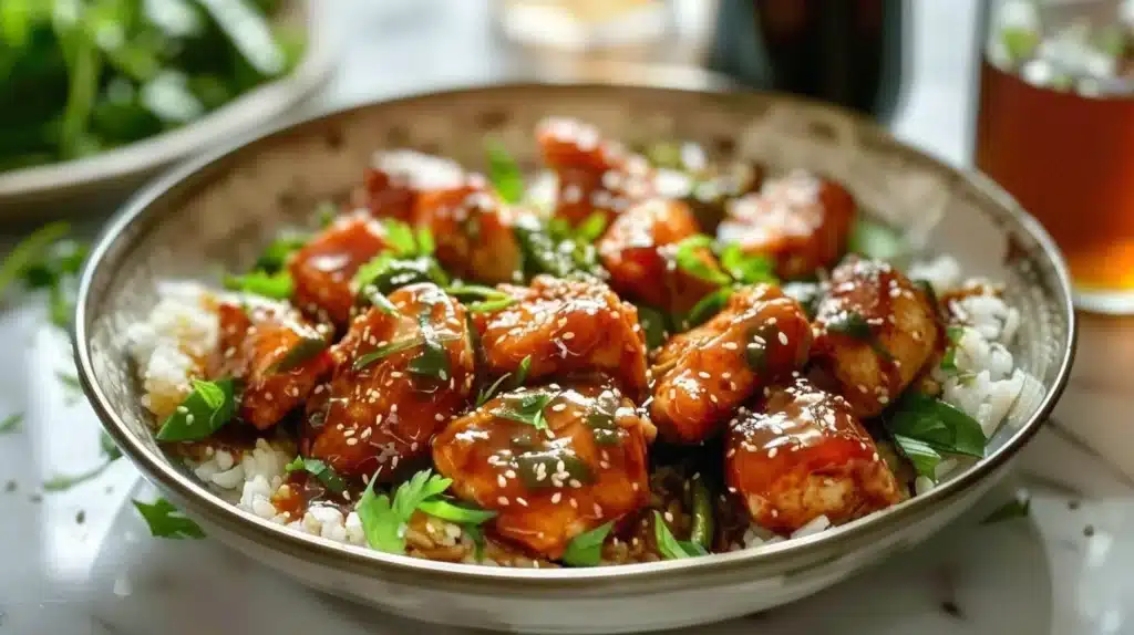 Delicious Sticky Bourbon Chicken Breast Stir-Fry ready to serve in a bowl.