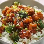 Delicious Sticky Chicken Rice Bowl garnished with fresh herbs