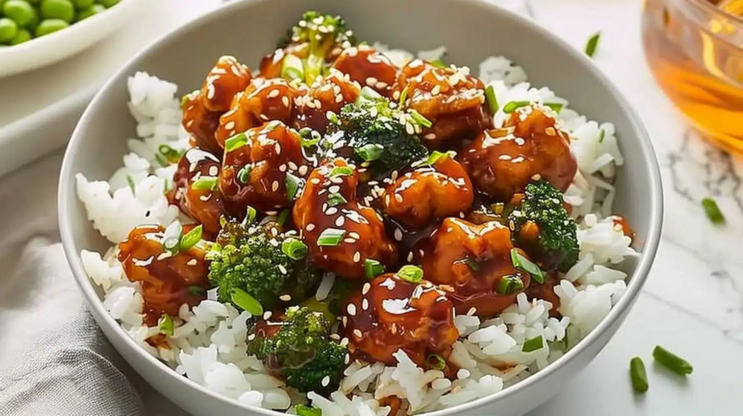 Delicious Sticky Chicken Rice Bowl garnished with fresh herbs