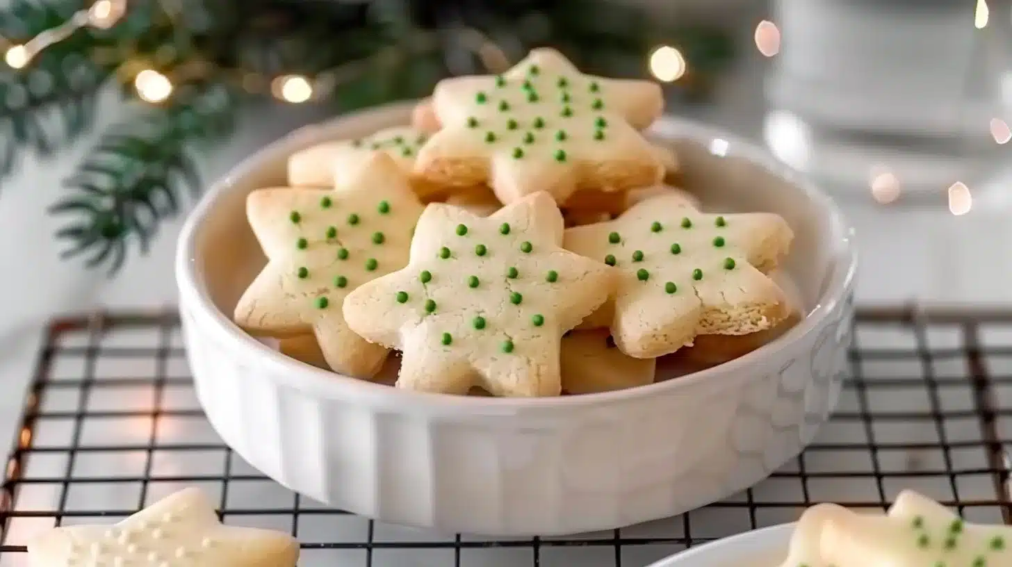 A plate of freshly baked sugar cookies with colorful icing decorations.