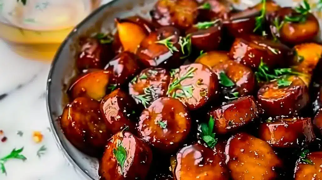 Sweet and spicy peach glazed kielbasa served on a plate with garnishes