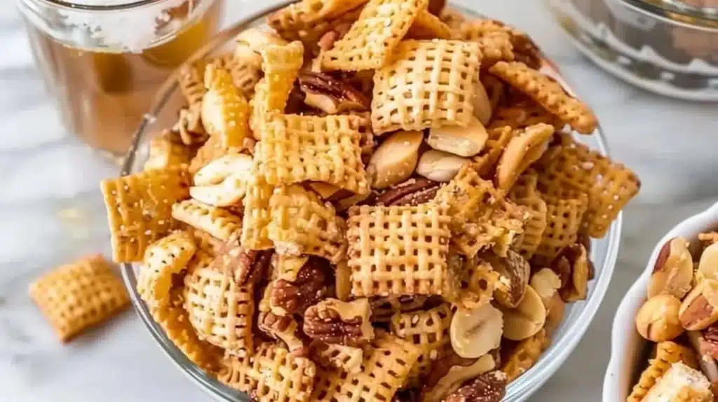 Sweet Holiday Chex Mix featuring colorful chocolates, nuts, and Chex cereal