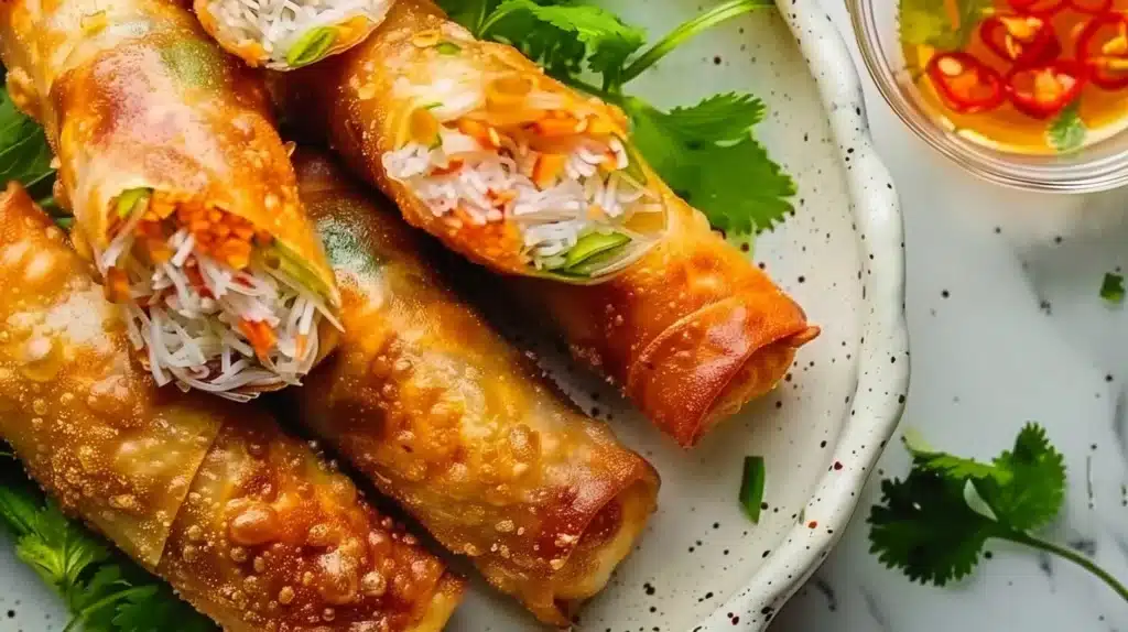 Plate of fresh Vietnamese spring rolls with herbs and dipping sauce