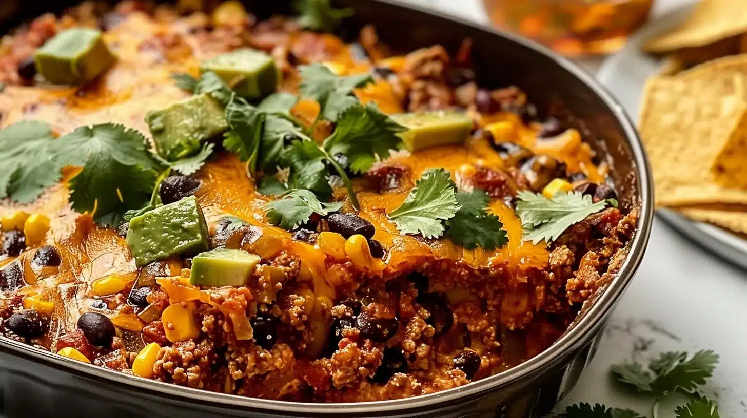 A delicious Walking Taco Casserole with toppings like cheese, sour cream, and tortilla chips