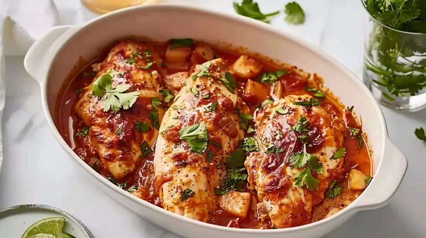 Delicious White Chili Baked Chicken Breast served on a plate